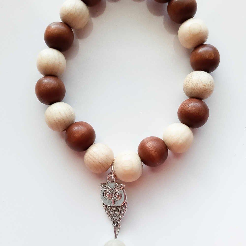 Beaded owl wooden bracelet with a natural stone